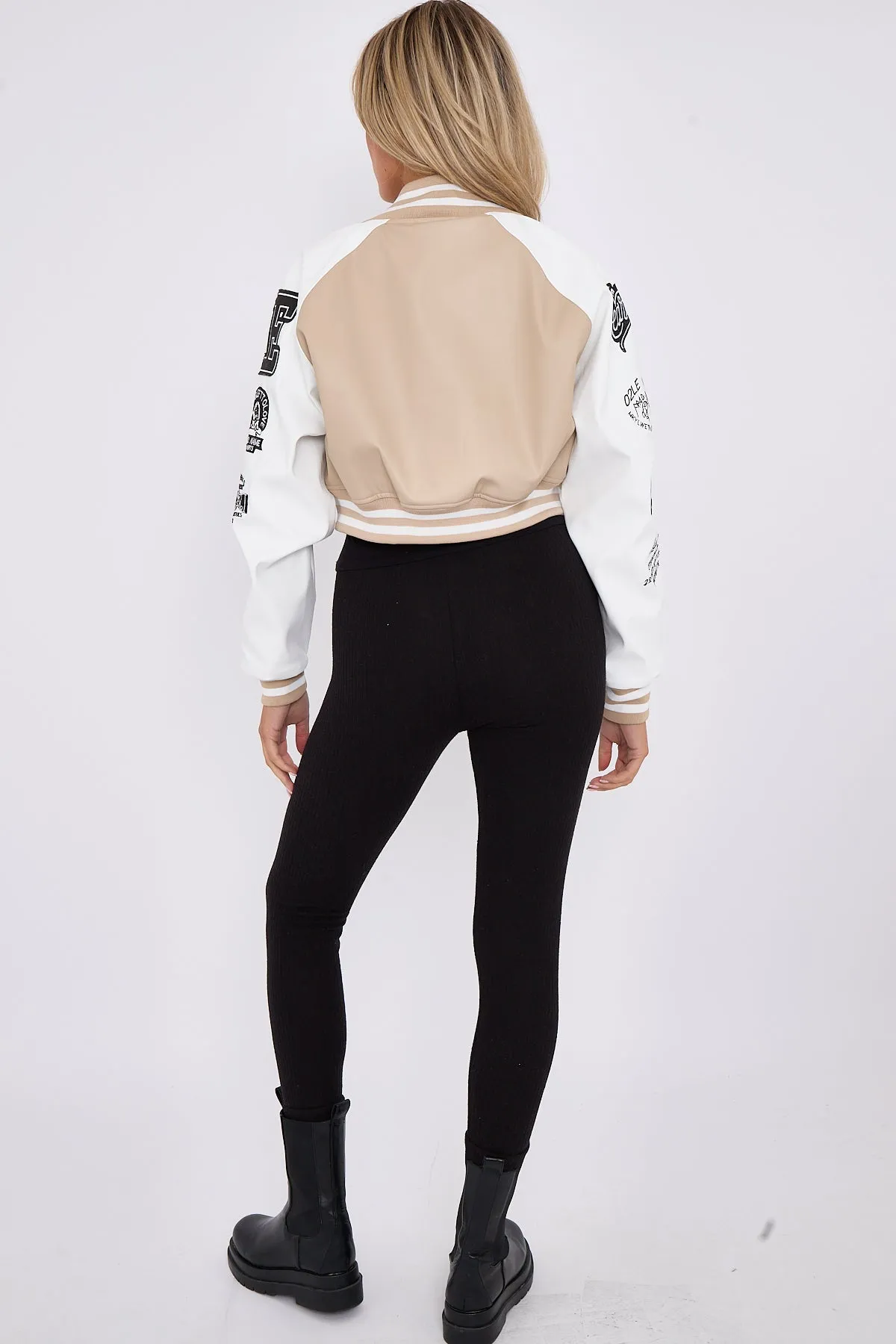 Beige Faux Leather Cropped Varsity Jacket