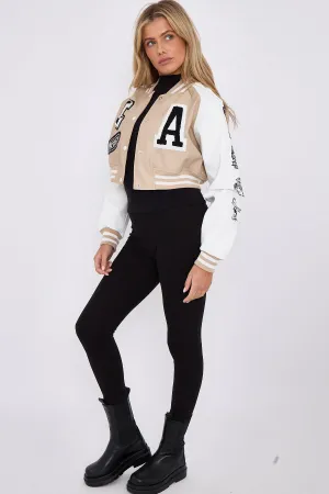 Beige Faux Leather Cropped Varsity Jacket