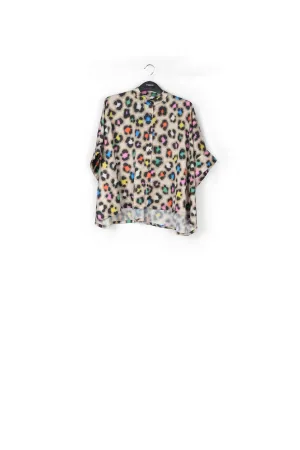 Beige oversized shirt with multicolor leopard print
