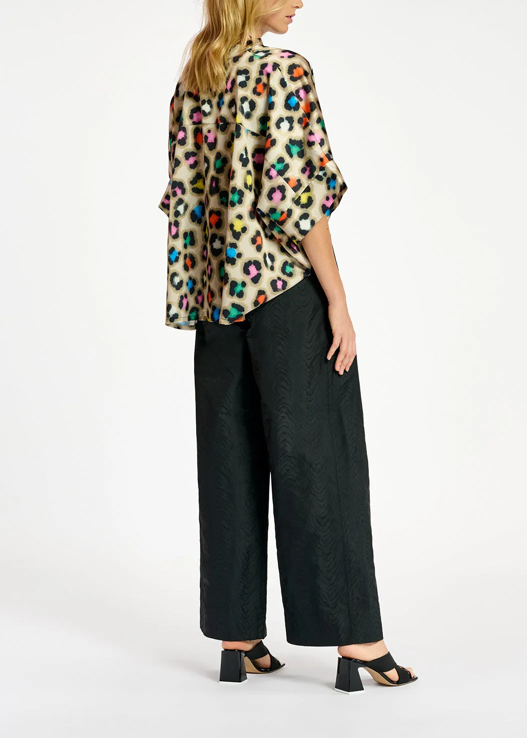 Beige oversized shirt with multicolor leopard print