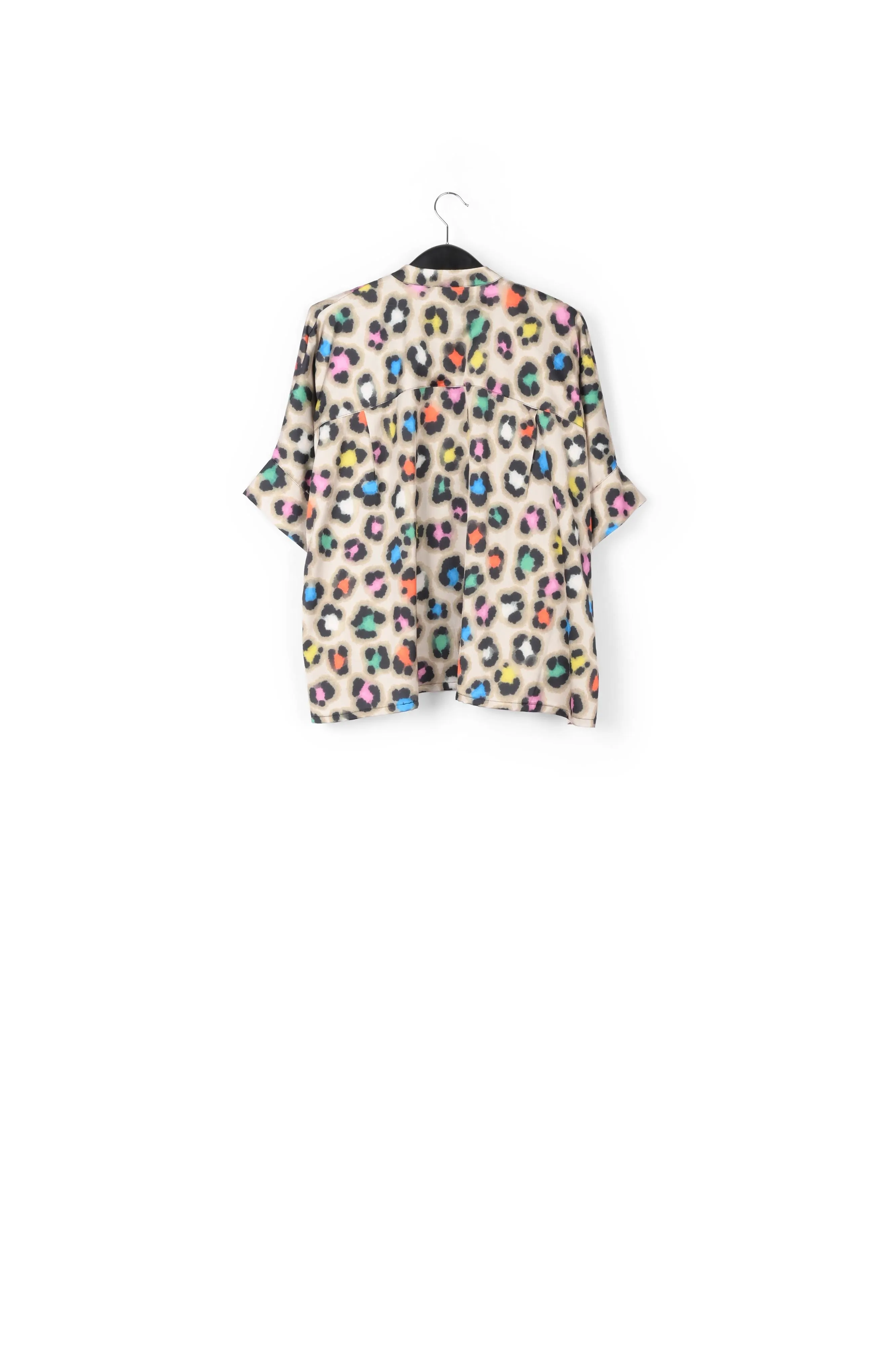 Beige oversized shirt with multicolor leopard print