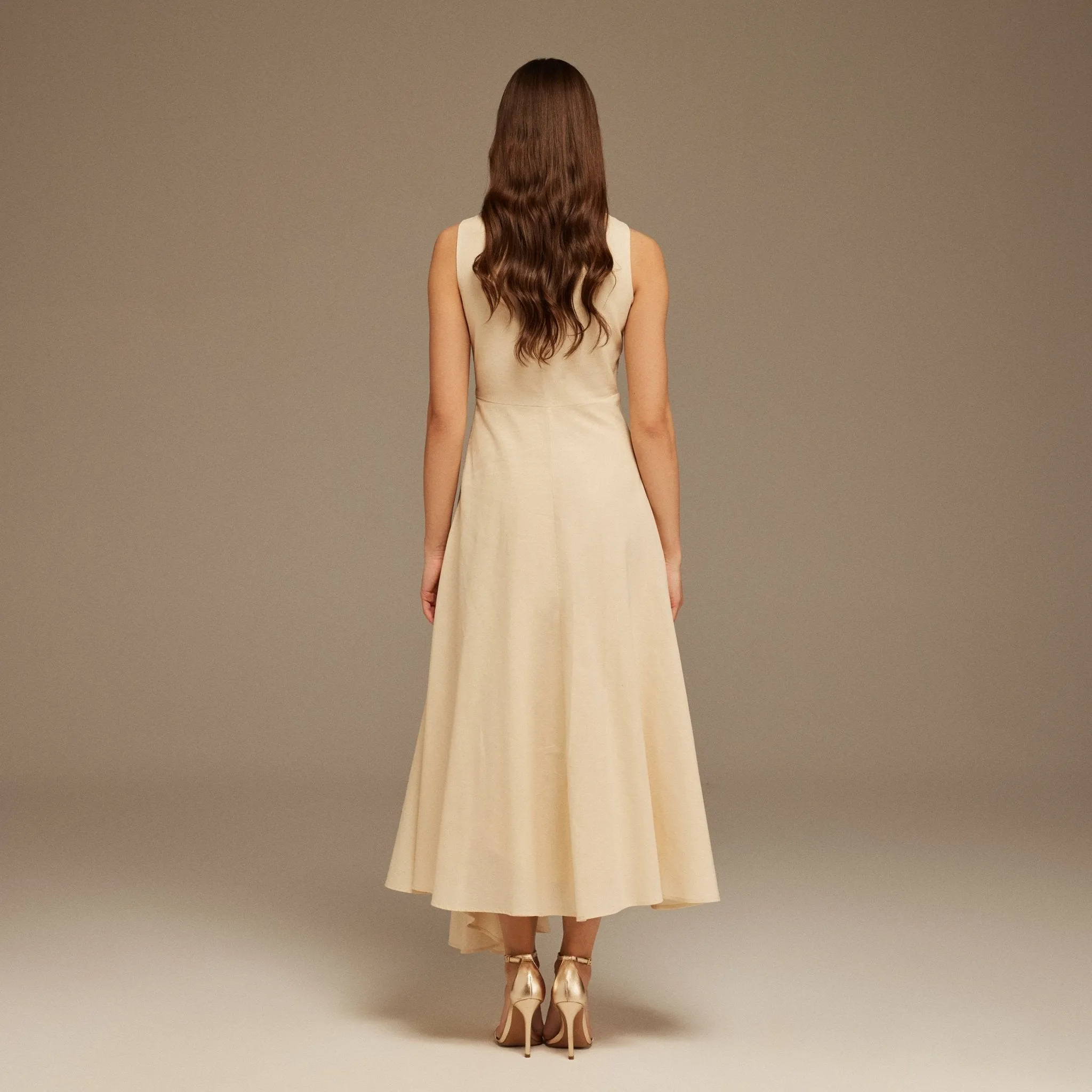 Beige Sleeveless Midi Dress With Decorative Bows