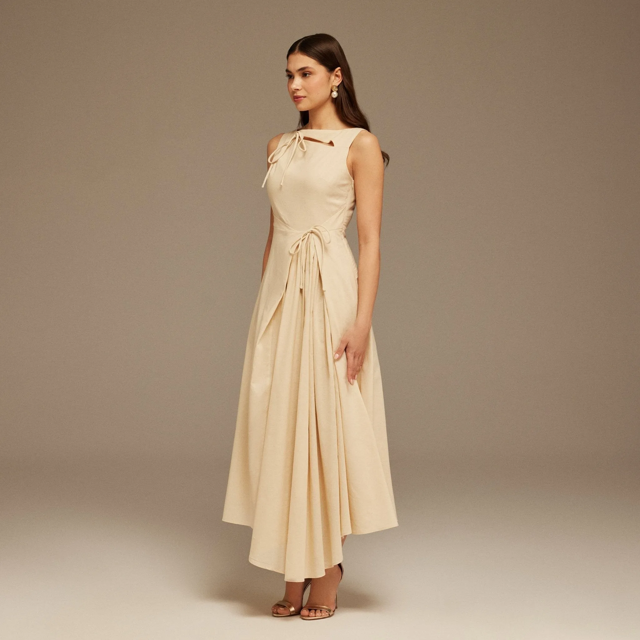 Beige Sleeveless Midi Dress With Decorative Bows