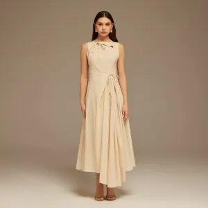 Beige Sleeveless Midi Dress With Decorative Bows