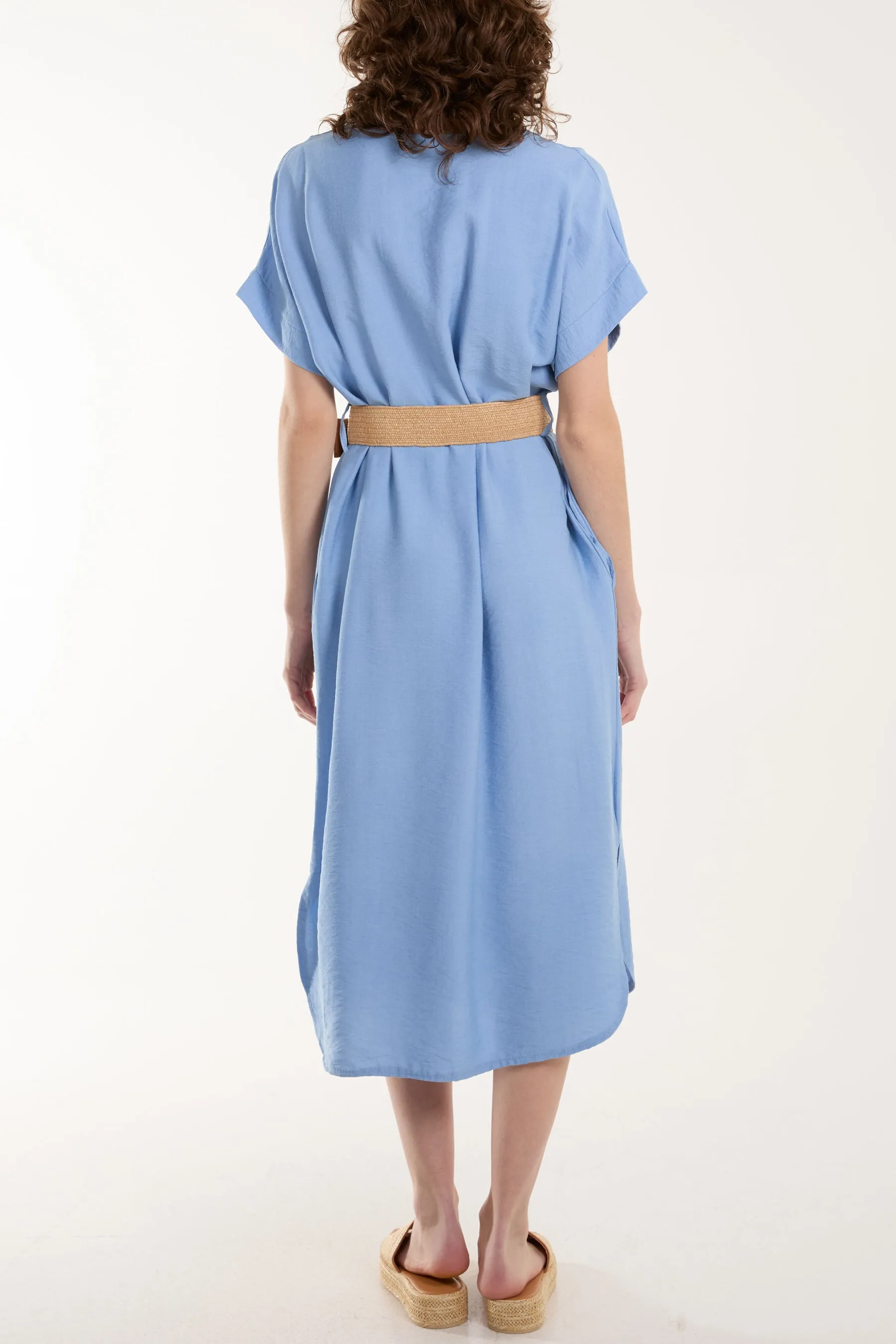 Belted V-Neck Short Sleeve Midi Dress