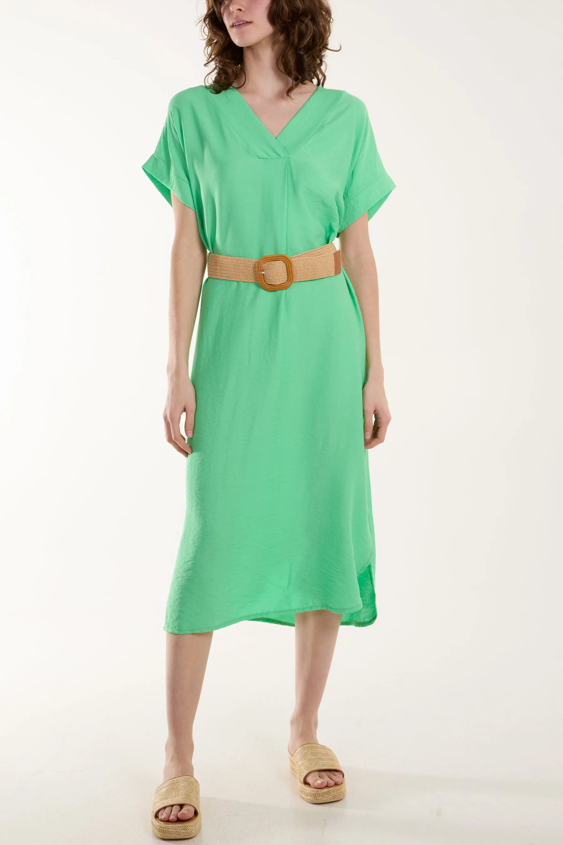 Belted V-Neck Short Sleeve Midi Dress