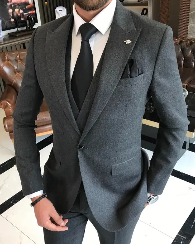 Berg Dark Gray Peaked Lapel Slim Fit Three Pieces Business Suits
