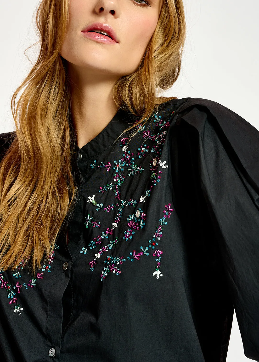 Black cotton bead-embellished shirt