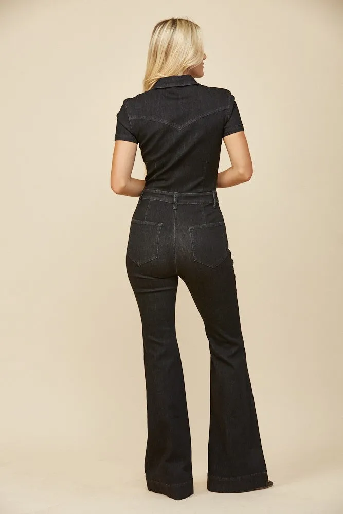 BLACK DENIM FLARED JUMPSUIT