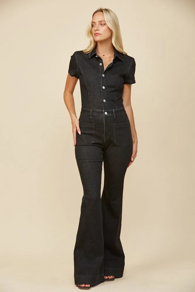 BLACK DENIM FLARED JUMPSUIT