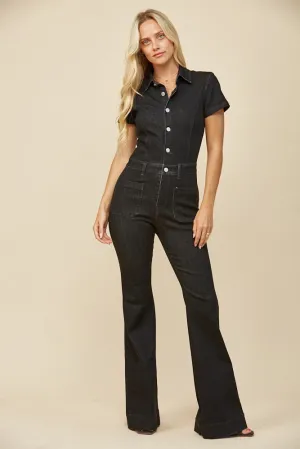 BLACK DENIM FLARED JUMPSUIT