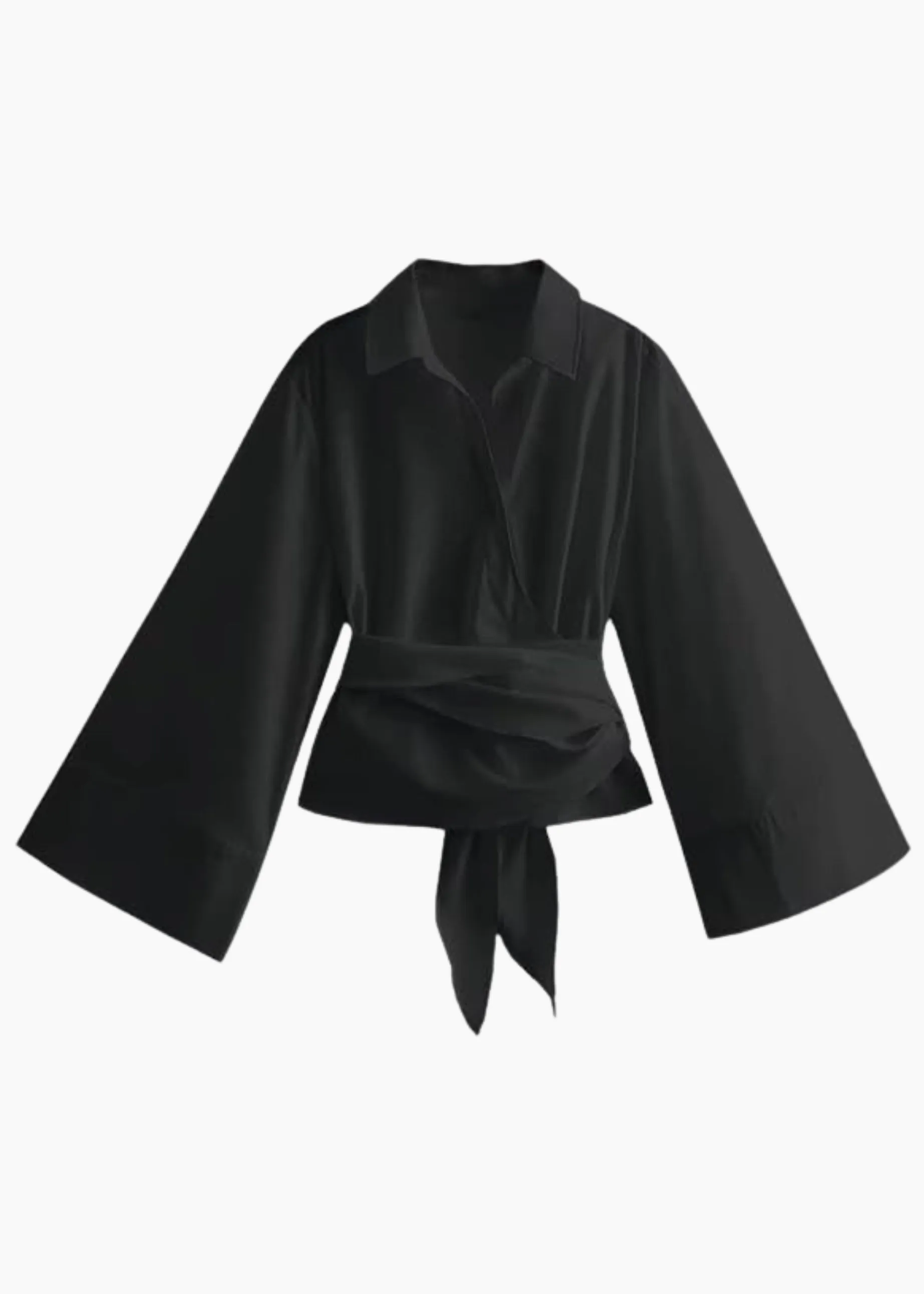 BLACK FLARED SLEEVE WRAP AROUND SHIRT