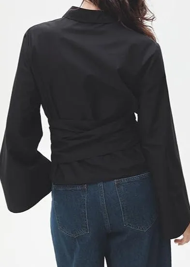BLACK FLARED SLEEVE WRAP AROUND SHIRT