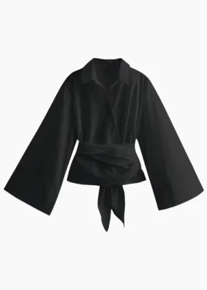 BLACK FLARED SLEEVE WRAP AROUND SHIRT