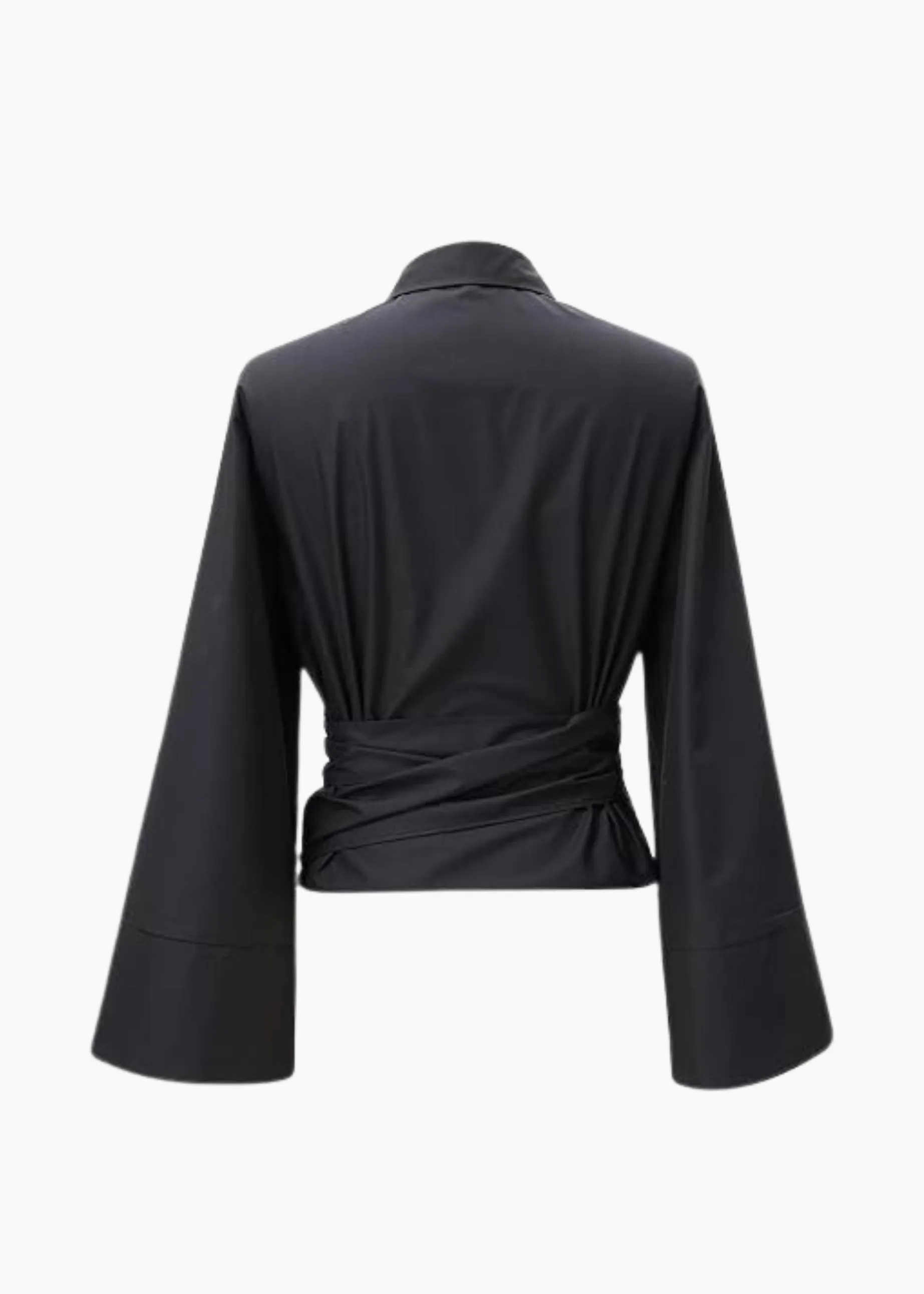 BLACK FLARED SLEEVE WRAP AROUND SHIRT