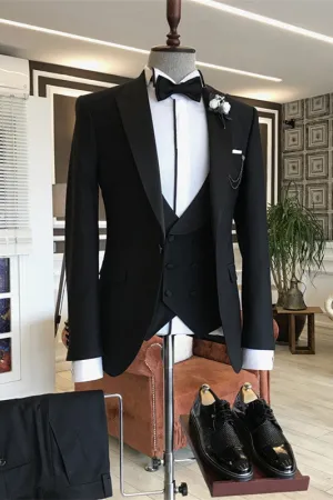 Black Peaked Lapel 3 Piece Simple Men's Business Suit