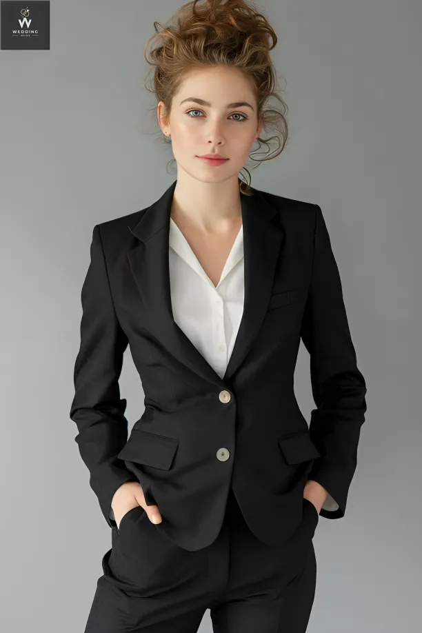 Black Single-Breasted Two-Piece Pant Suit for Women | Dressy Wedding & Formal Wear