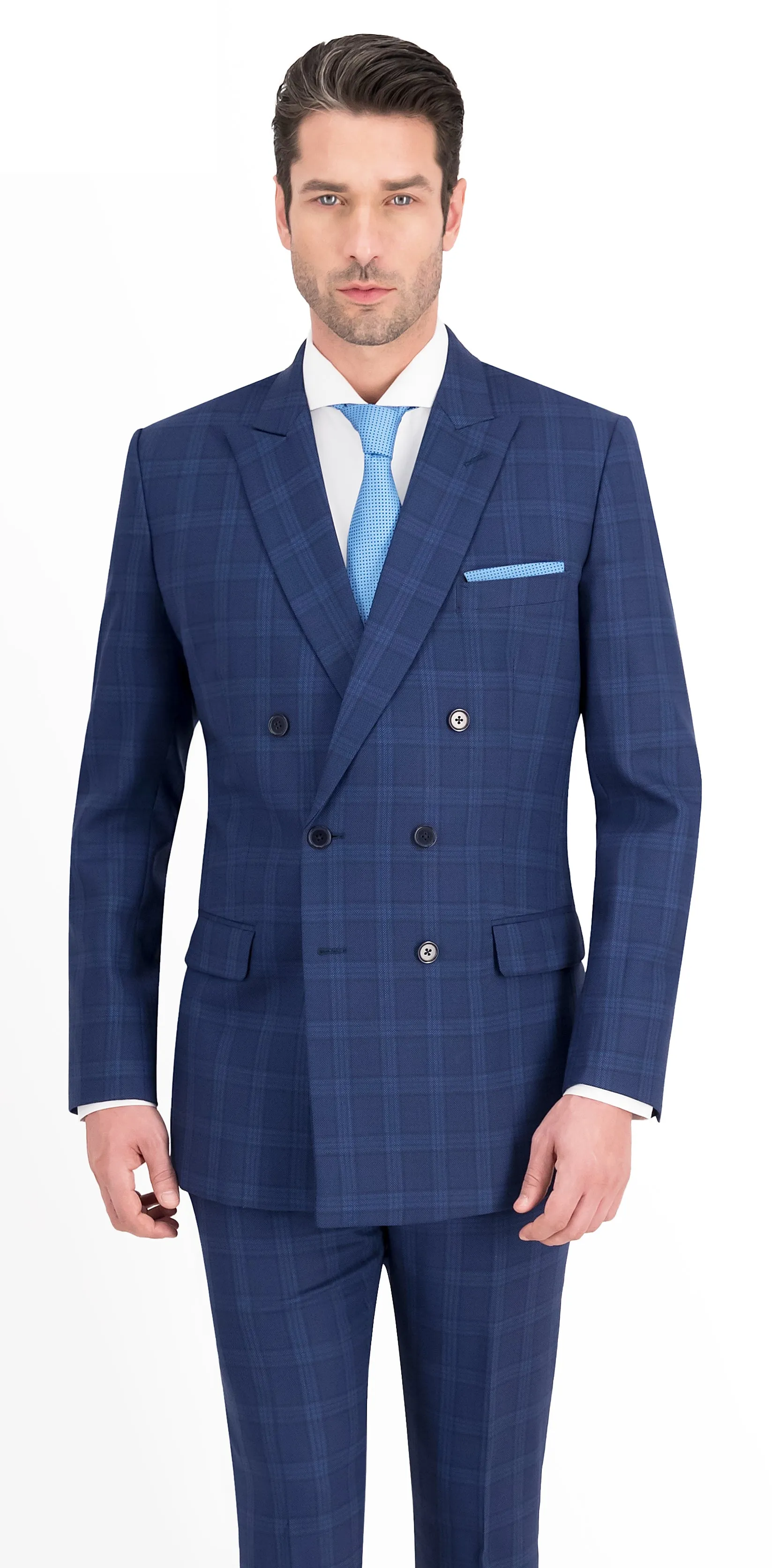 Blue Birdseye Check Windowpane Short Double Breast Suit