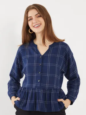 Blue Checked Gathered Top