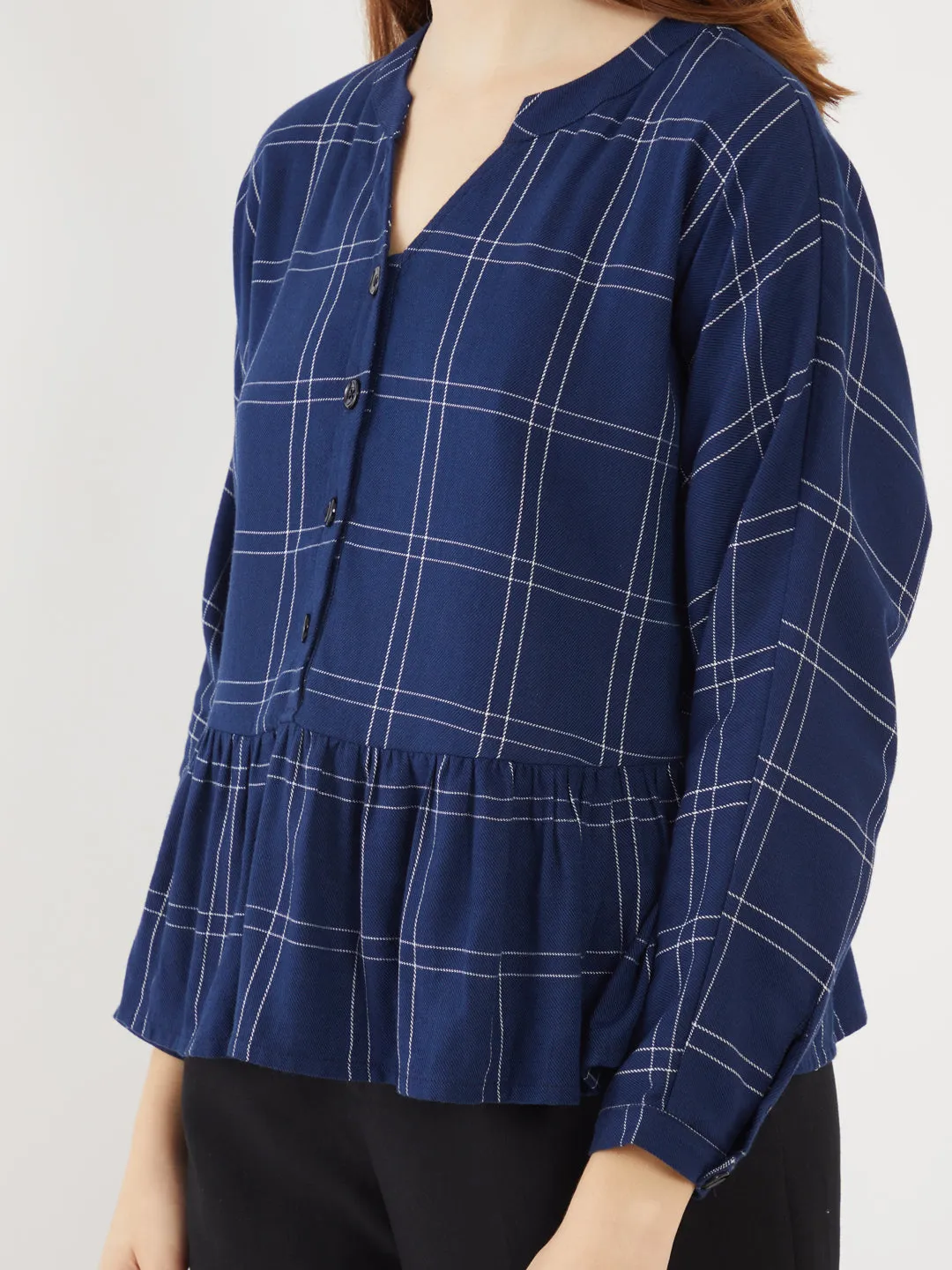 Blue Checked Gathered Top