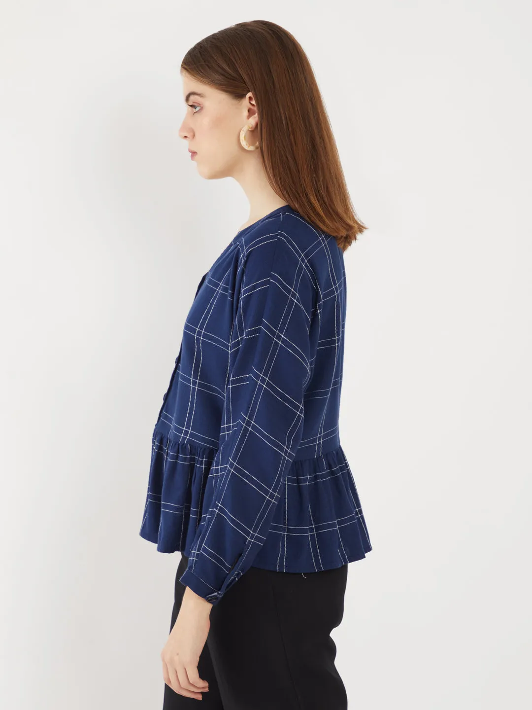 Blue Checked Gathered Top