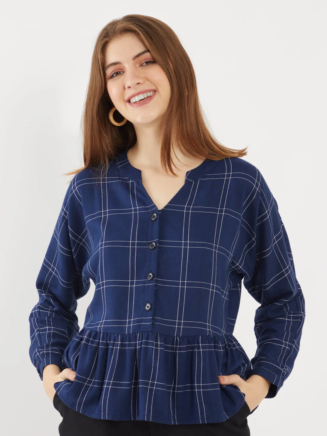 Blue Checked Gathered Top
