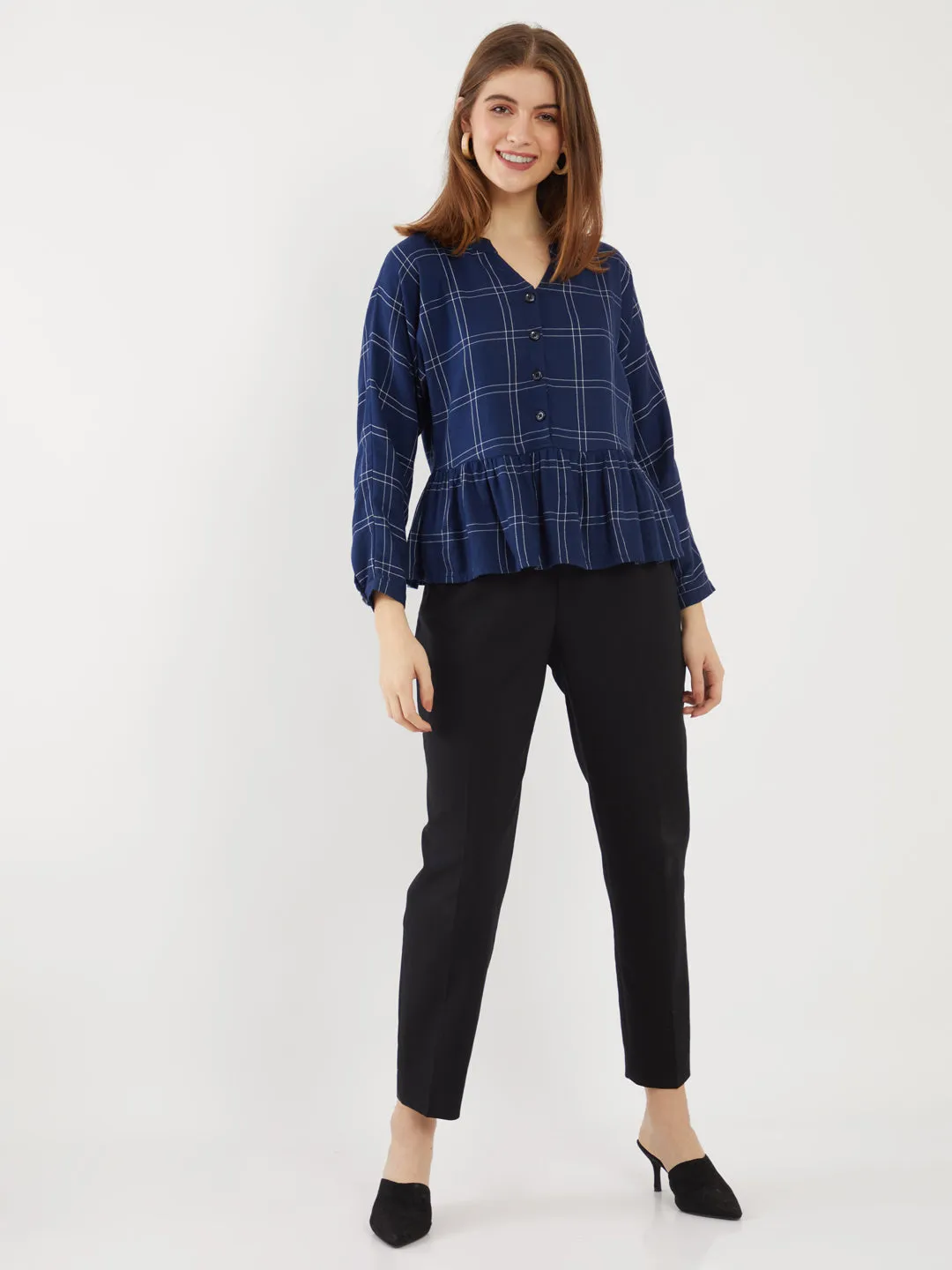 Blue Checked Gathered Top