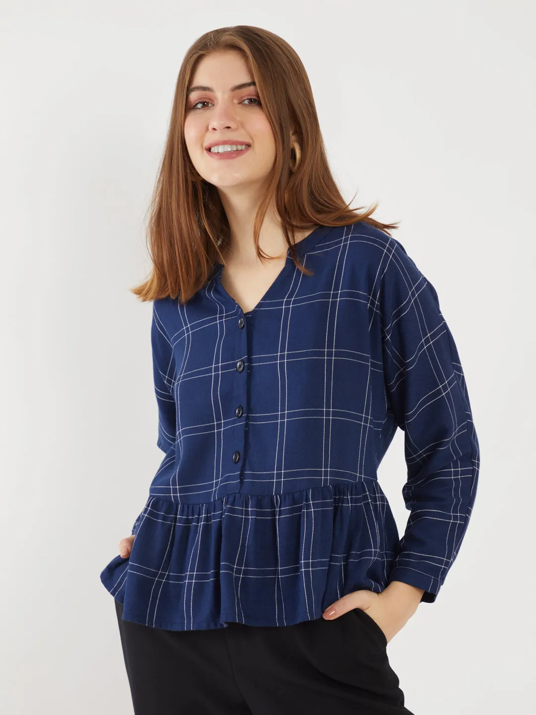 Blue Checked Gathered Top
