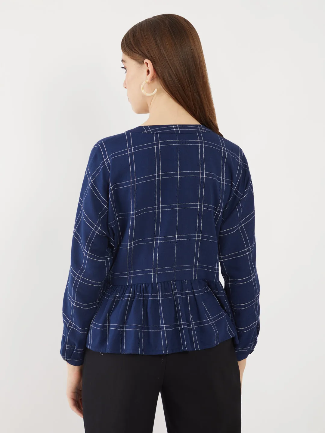 Blue Checked Gathered Top
