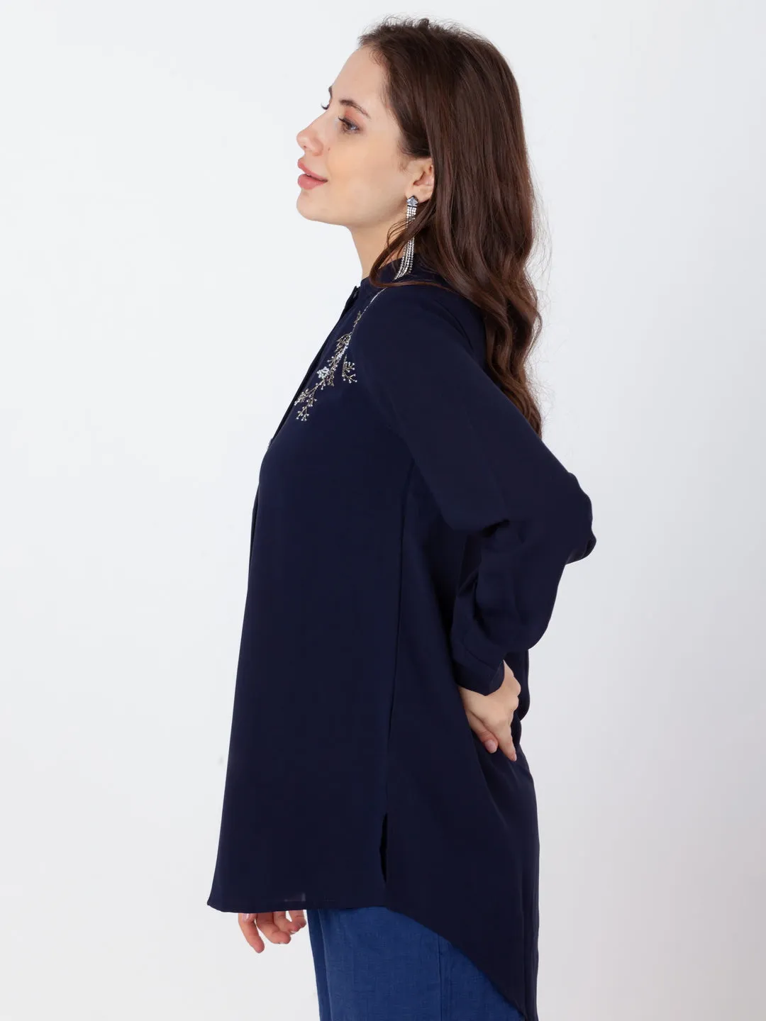 Blue Embroidered Regular Top
