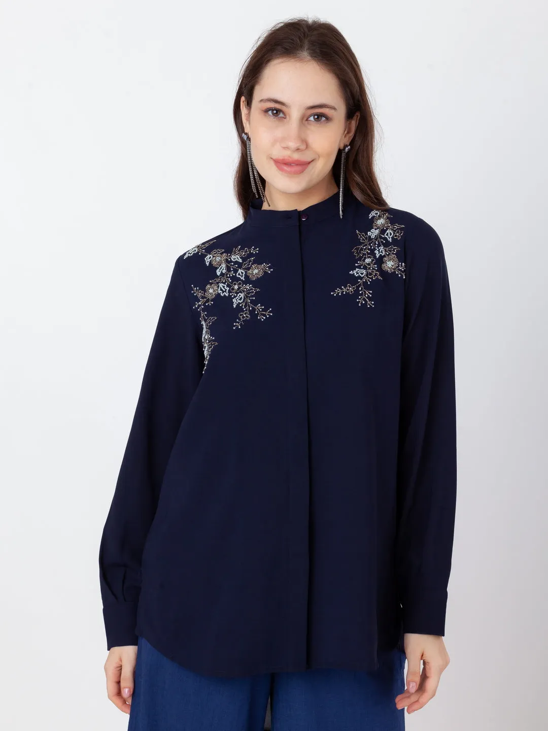 Blue Embroidered Regular Top