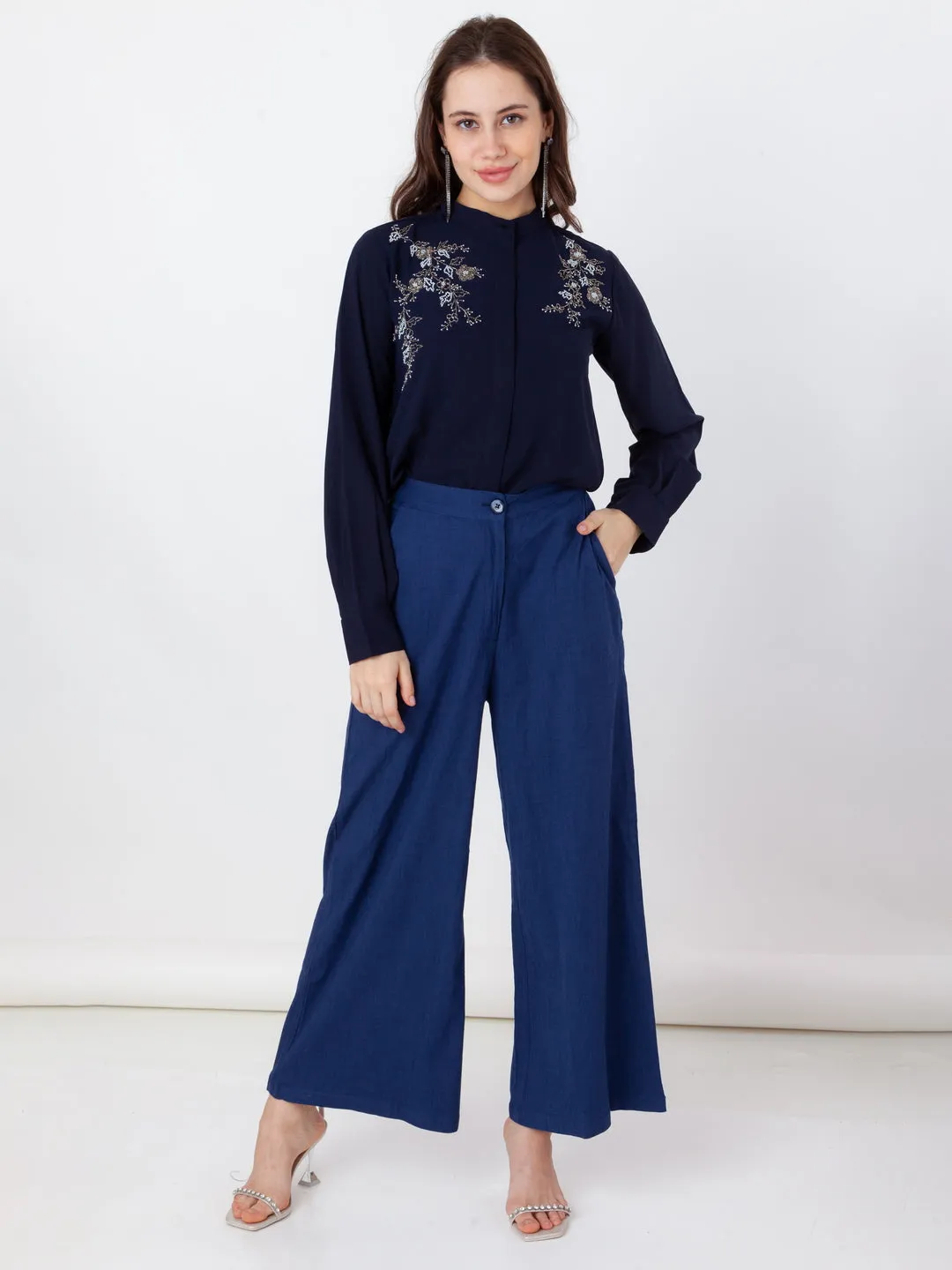 Blue Embroidered Regular Top