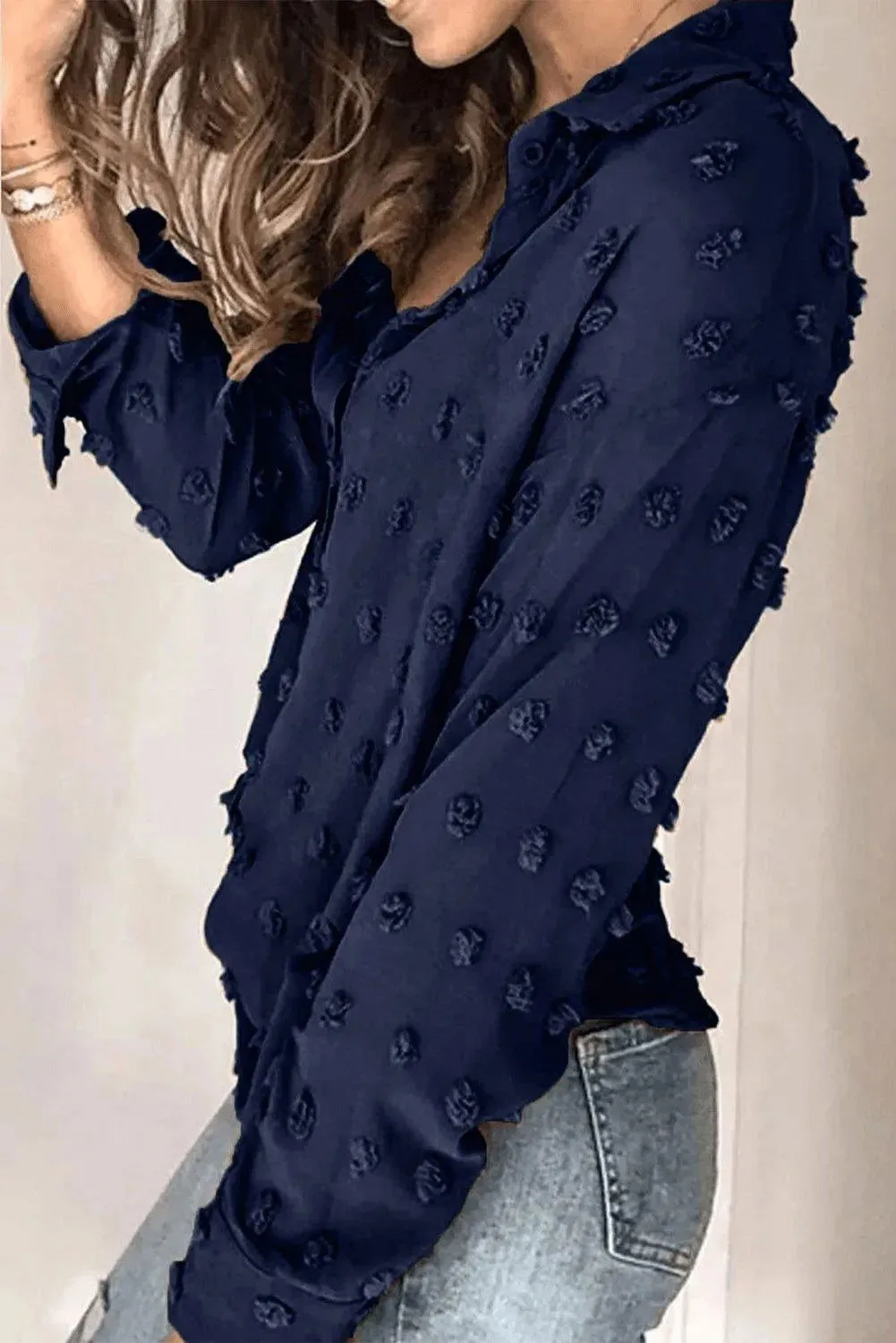 Blue Long Sleeve Button Fuzzy Polka Dot Shirt