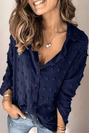 Blue Long Sleeve Button Fuzzy Polka Dot Shirt