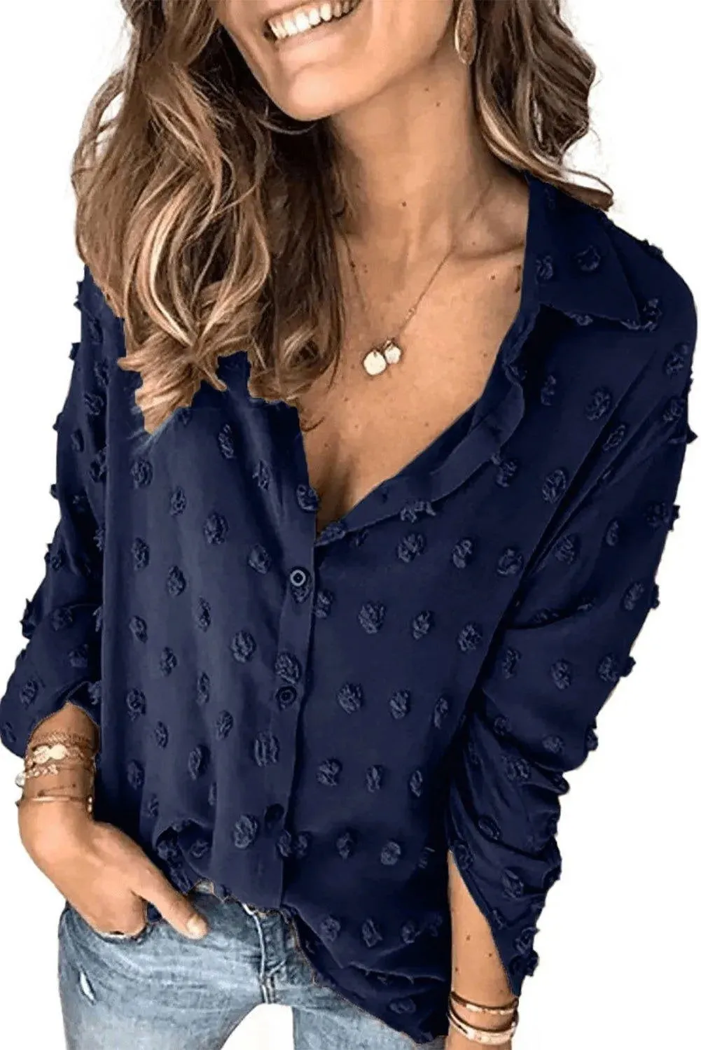 Blue Long Sleeve Button Fuzzy Polka Dot Shirt