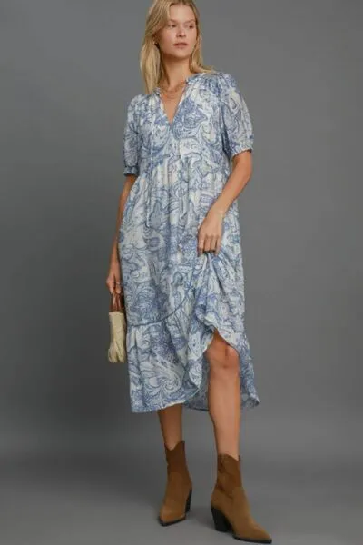 Blue Mix Printed Puff Short Sleeve Midi Dress