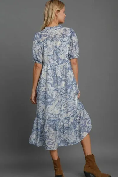 Blue Mix Printed Puff Short Sleeve Midi Dress