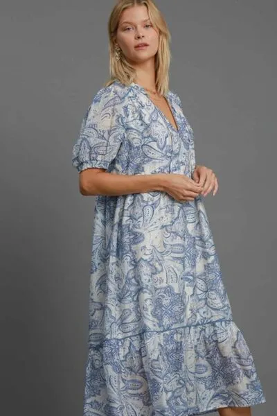 Blue Mix Printed Puff Short Sleeve Midi Dress