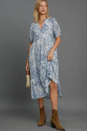 Blue Mix Printed Puff Short Sleeve Midi Dress
