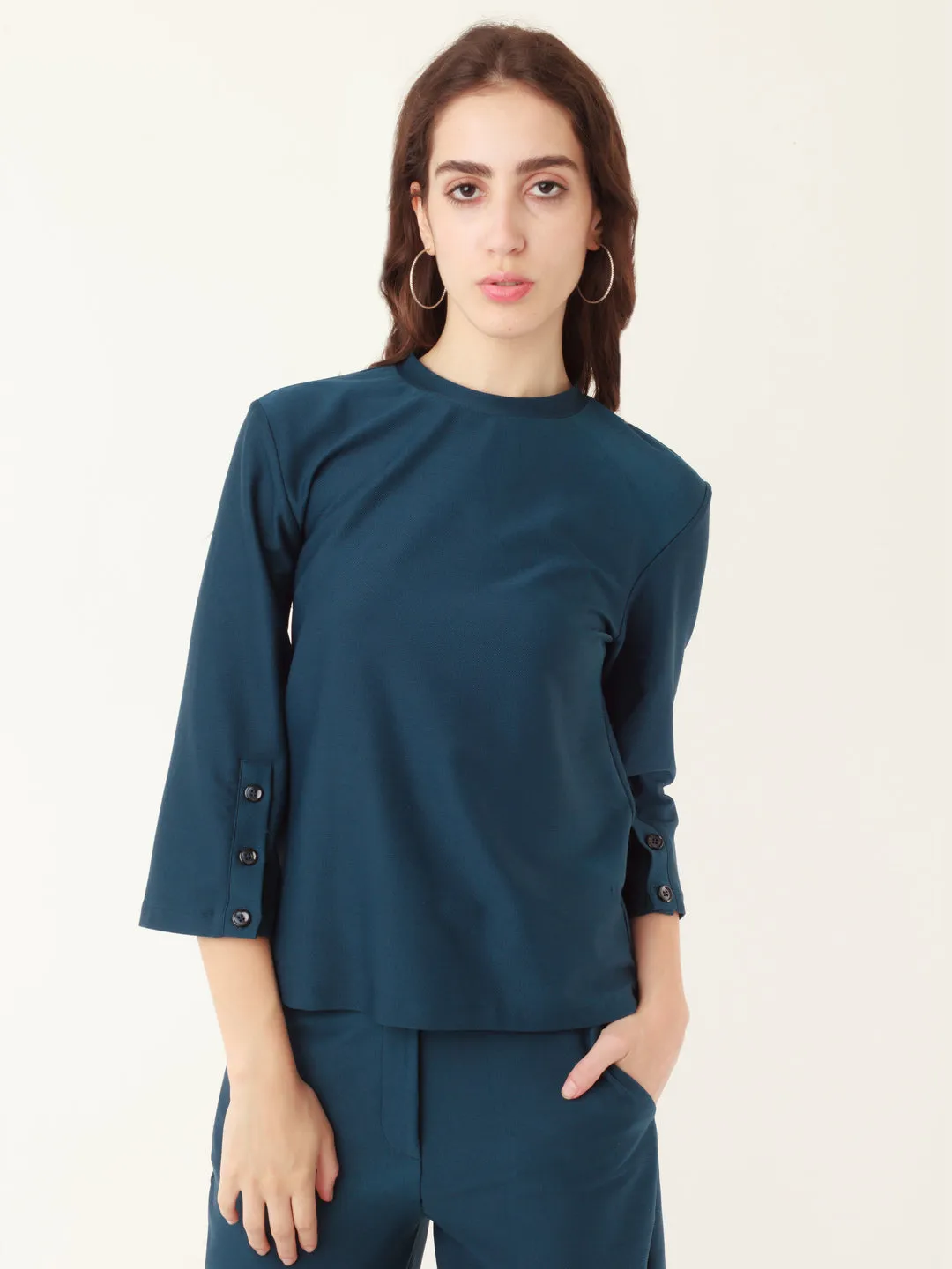 Blue Solid Slit Sleeve Top