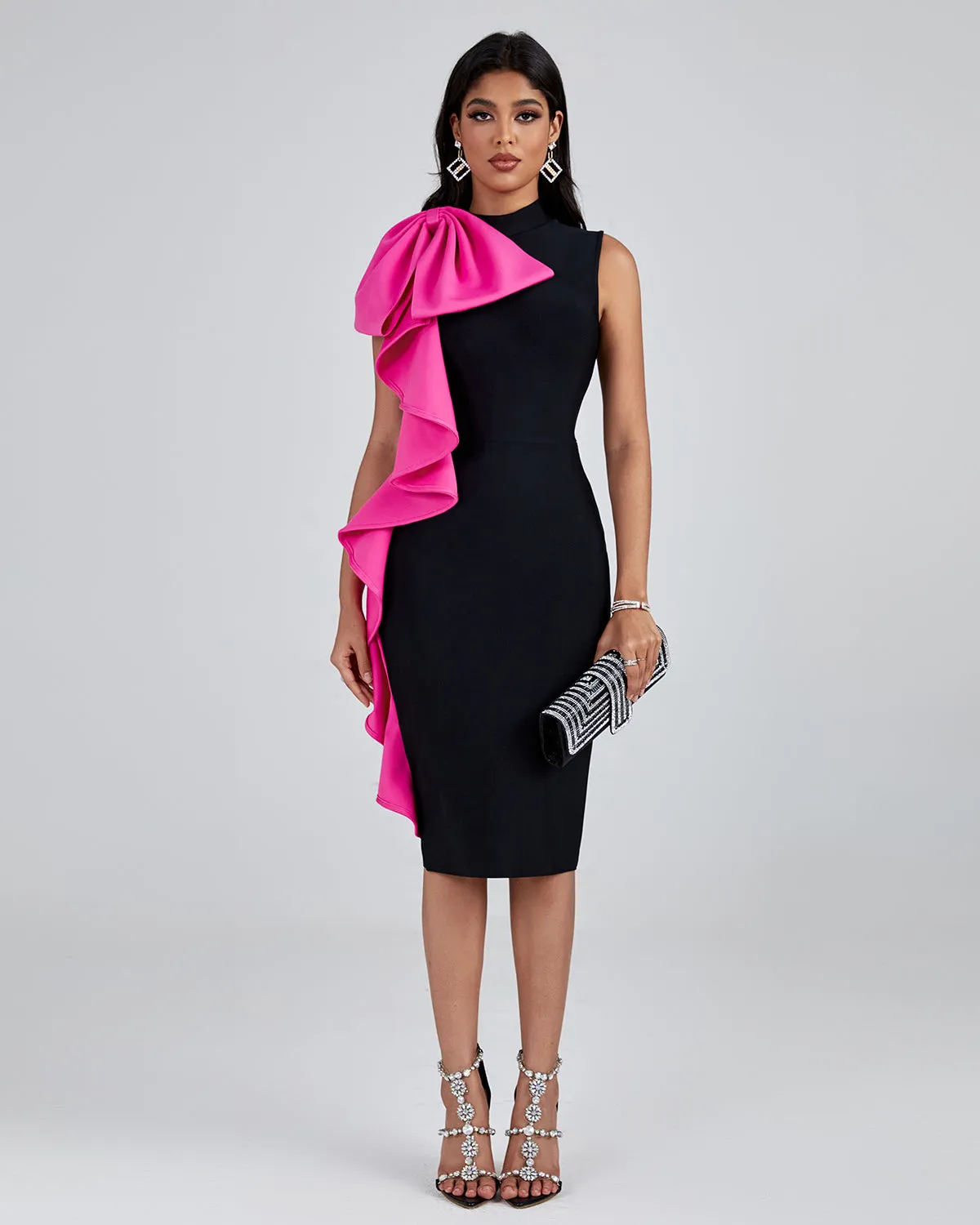 Bowknot Ruffle Midi Bandage Dress