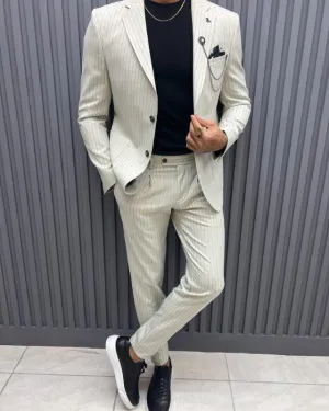 Brook Simple White Notched Lapel Striped Business Suits