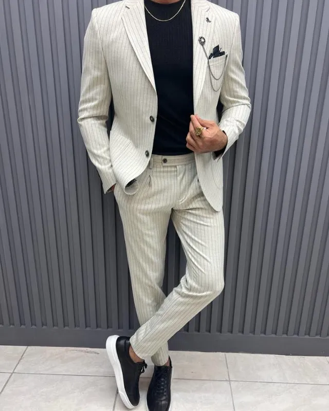 Brook Simple White Notched Lapel Striped Business Suits