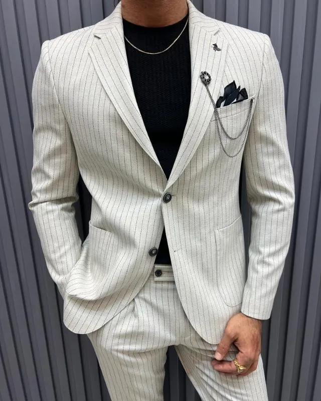 Brook Simple White Notched Lapel Striped Business Suits