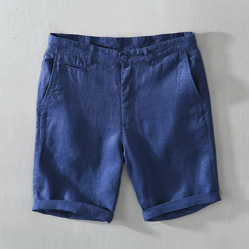 Buddha Stones Solid Color Drawstring Cropped Linen Men's Shorts With Pockets