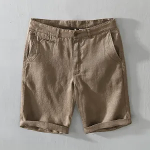 Buddha Stones Solid Color Drawstring Cropped Linen Men's Shorts With Pockets