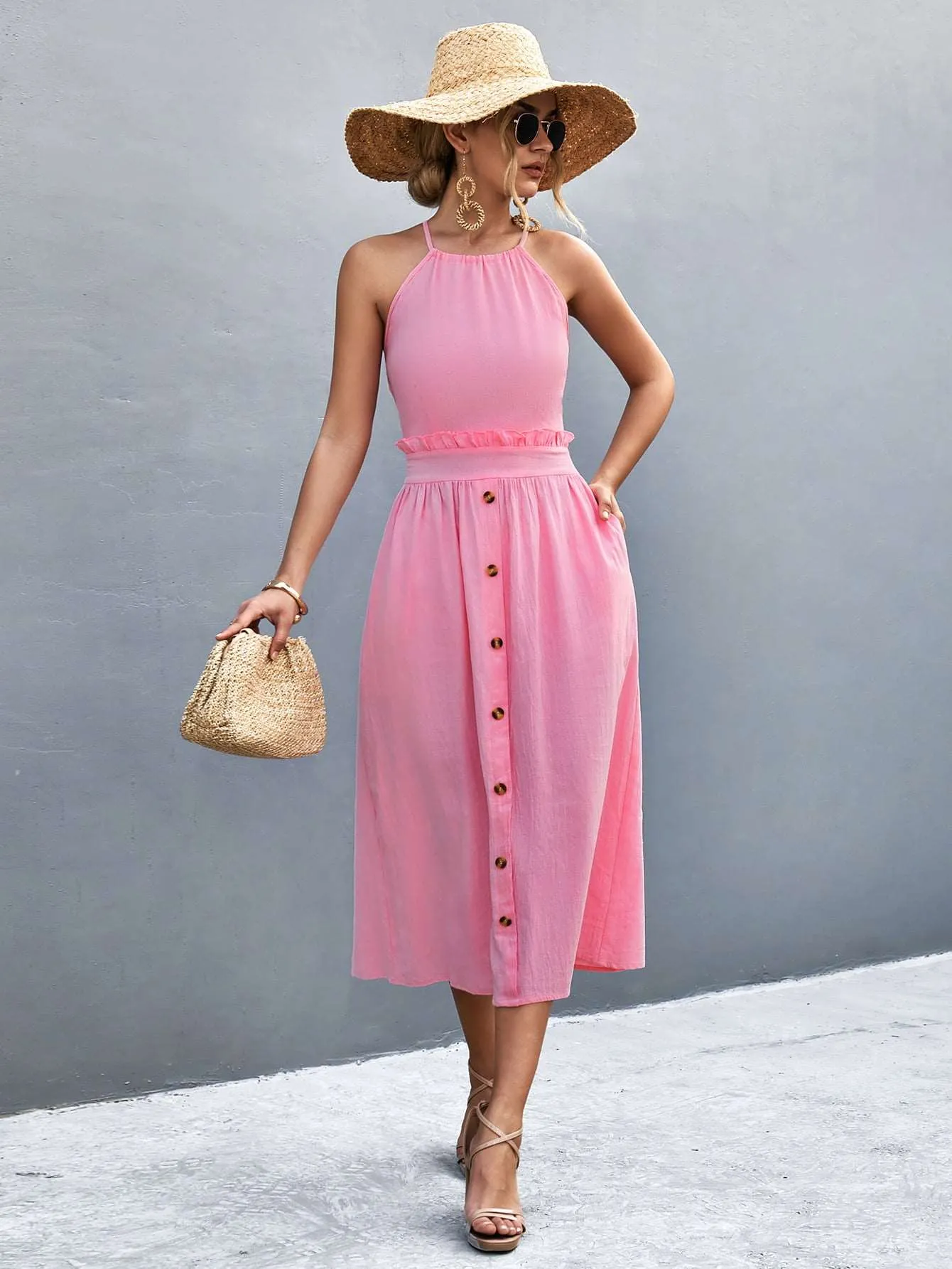 Buttoned Halter Neck Frill Trim Midi Dress (2 Colors)