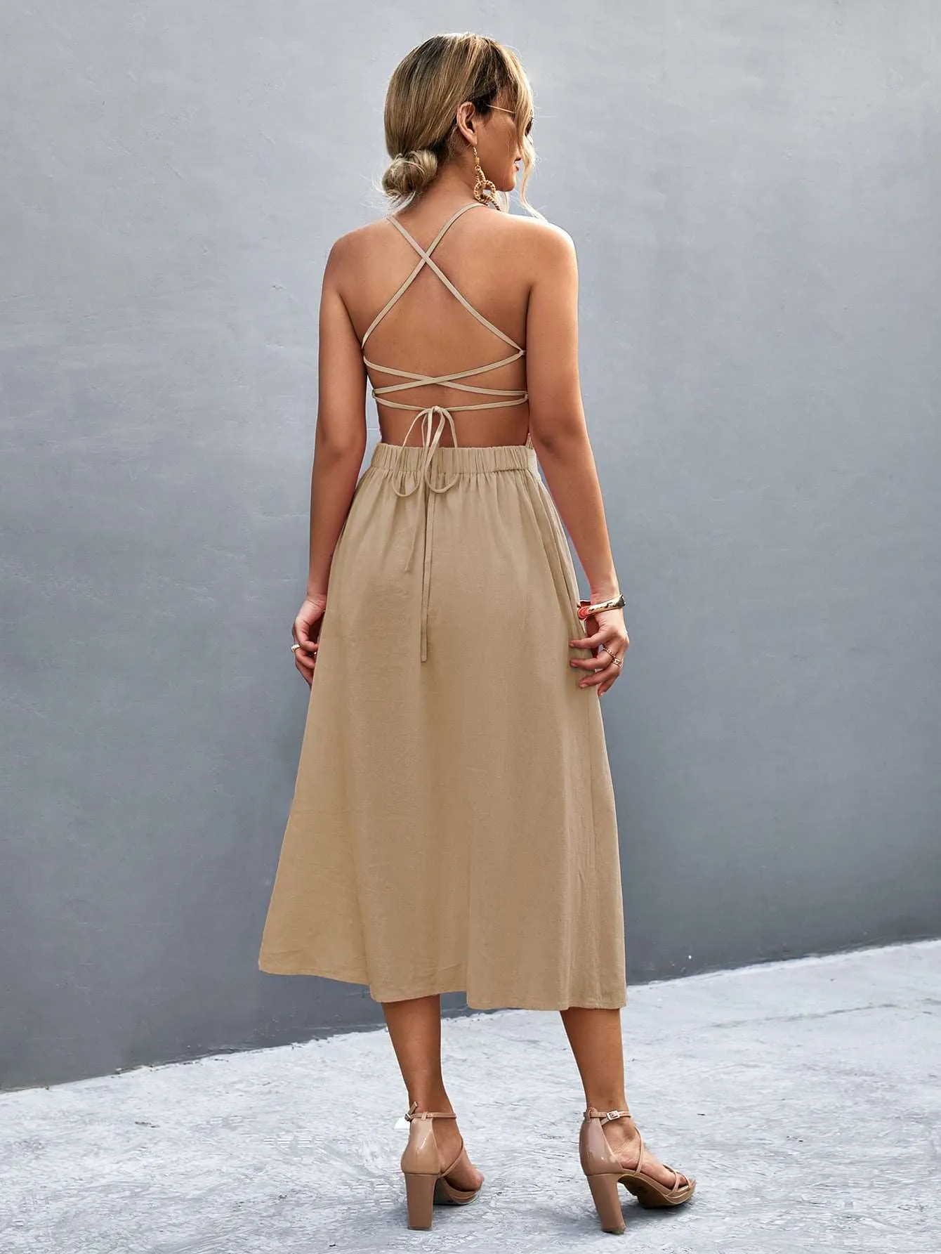 Buttoned Halter Neck Frill Trim Midi Dress (2 Colors)