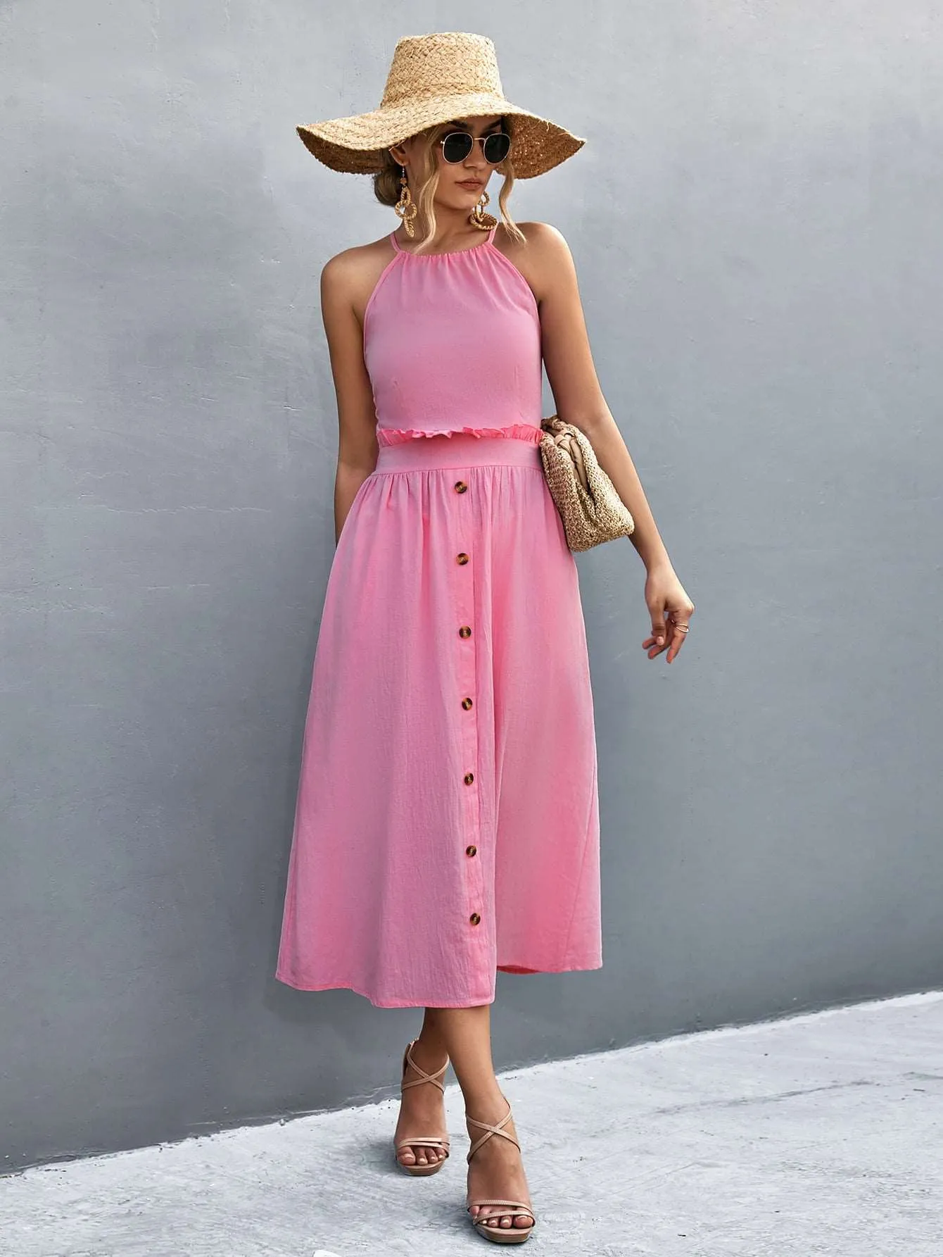 Buttoned Halter Neck Frill Trim Midi Dress (2 Colors)