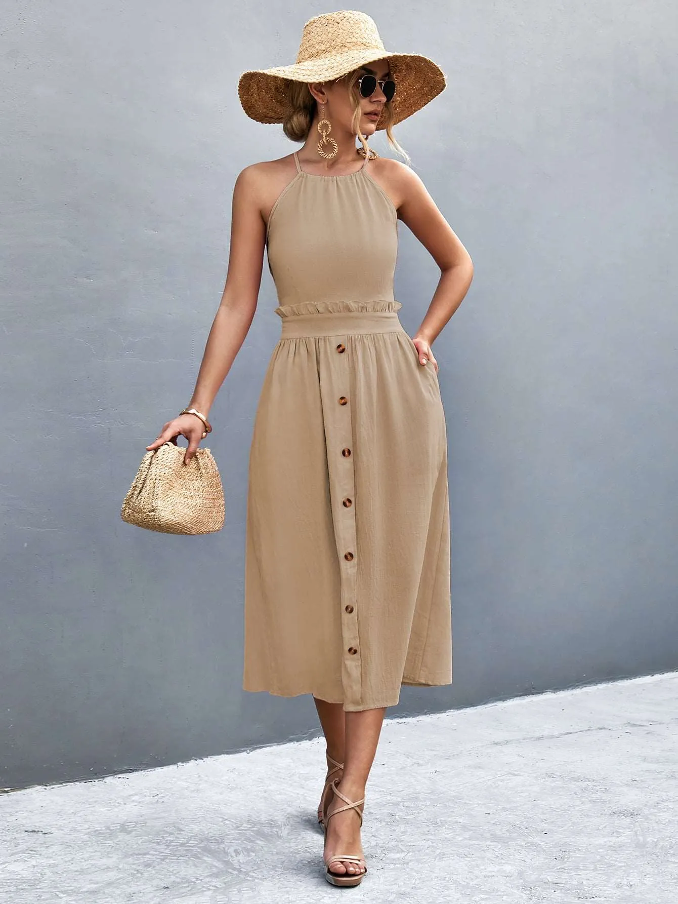 Buttoned Halter Neck Frill Trim Midi Dress (2 Colors)